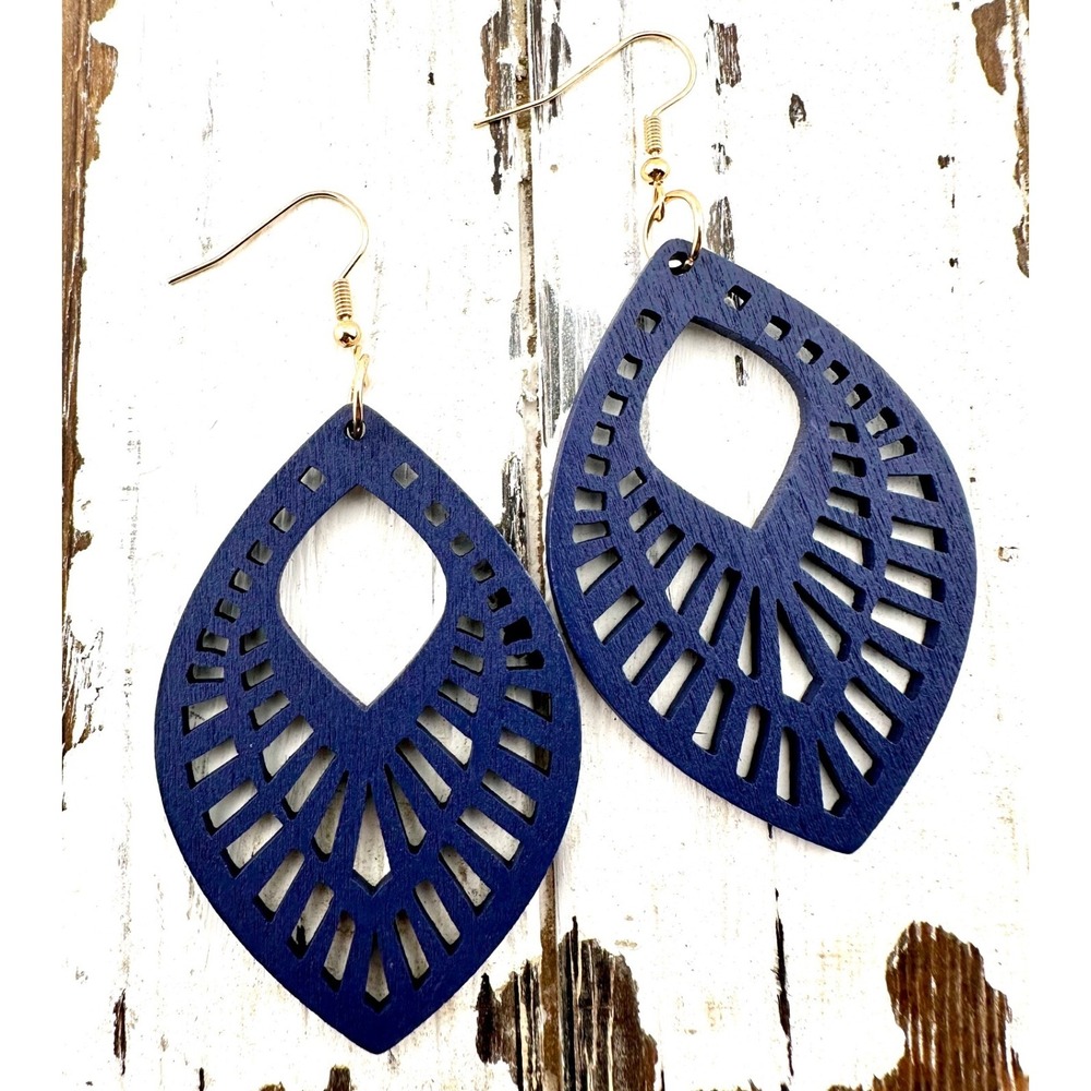 Navy Blue Ellipse Laser Cut Wood Earrings